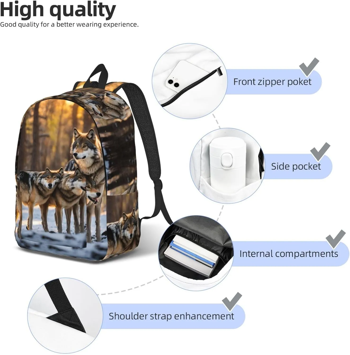 Wolfs Print Vintage Canvas Backpack,Travel Bag,Stylish And Lightweight With Multiple Pockets