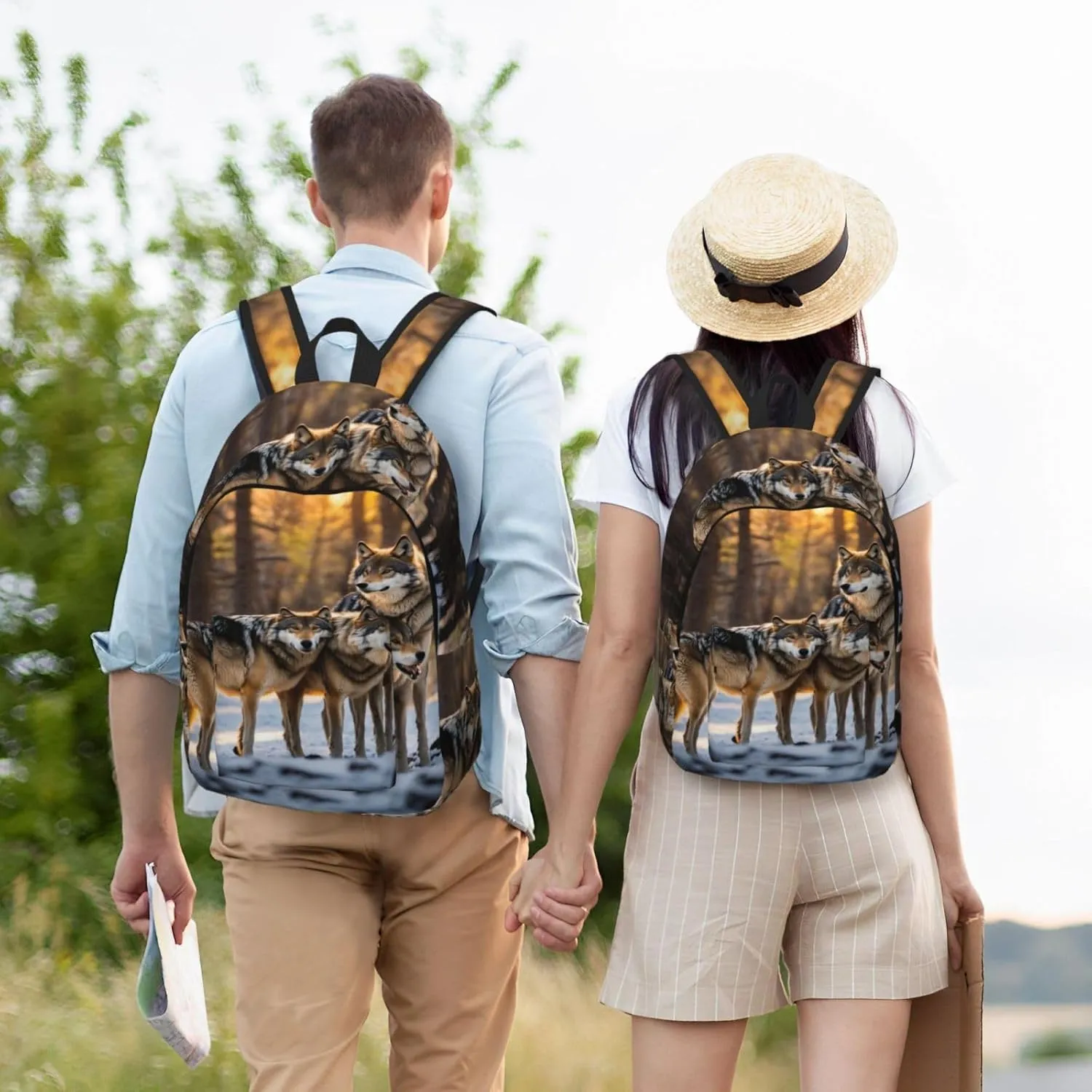 Wolfs Print Vintage Canvas Backpack,Travel Bag,Stylish And Lightweight With Multiple Pockets