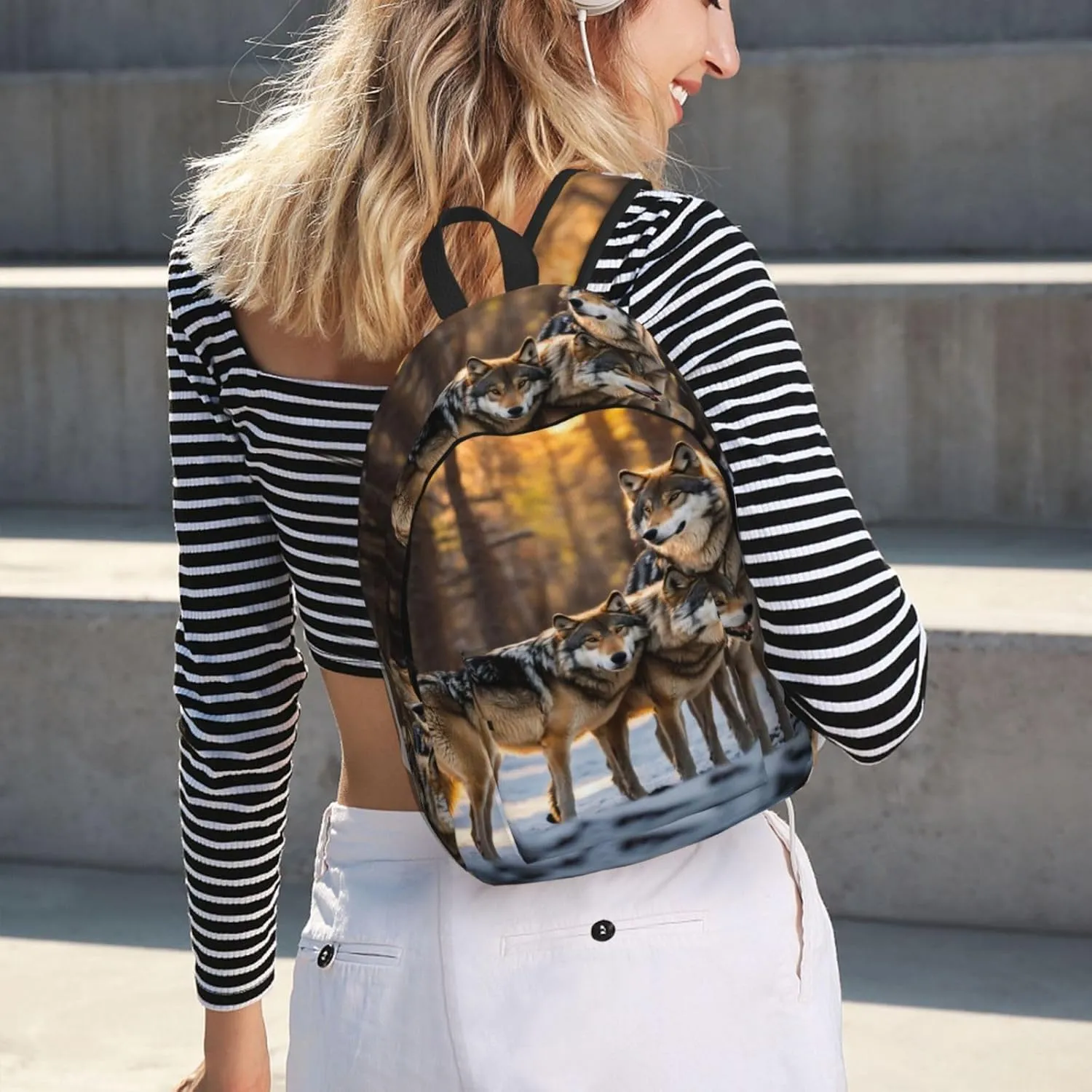 Wolfs Print Vintage Canvas Backpack,Travel Bag,Stylish And Lightweight With Multiple Pockets