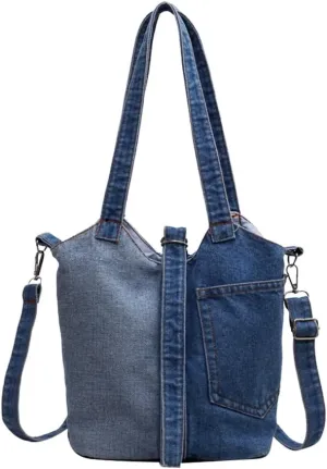 Women Denim Bucket Bag Stylish Shoulder Bag Hundred Crossbody Bag Casual Tote for Shopping Work