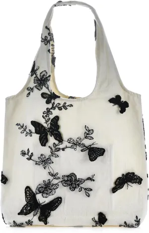 Women Lace Embroidery Shoulder Handbag Aesthetic Butterfly Flowers Canvas Tote Purse Travel Shopping Beach Working Hobo Bag