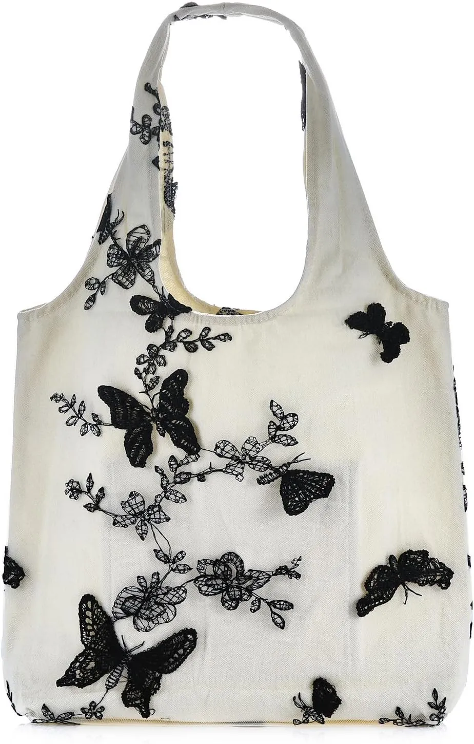 Women Lace Embroidery Shoulder Handbag Aesthetic Butterfly Flowers Canvas Tote Purse Travel Shopping Beach Working Hobo Bag