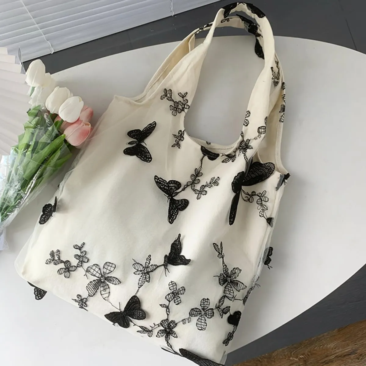 Women Lace Embroidery Shoulder Handbag Aesthetic Butterfly Flowers Canvas Tote Purse Travel Shopping Beach Working Hobo Bag
