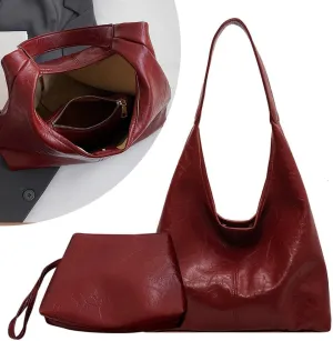 Women Leather Shoulder Bag Versatile Hobo Bag and Clutch Casual 2pcs Shoulder Bag and Handbag Set Satchel Hobo Bag