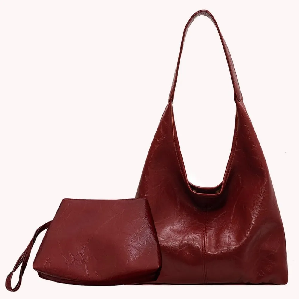 Women Leather Shoulder Bag Versatile Hobo Bag and Clutch Casual 2pcs Shoulder Bag and Handbag Set Satchel Hobo Bag
