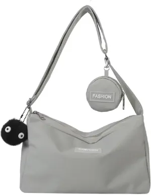 Women Nylon Crossbody Hobo Handbags, Multi Shoulder Bag with Coin Purse and Cute Pendant (Grey)