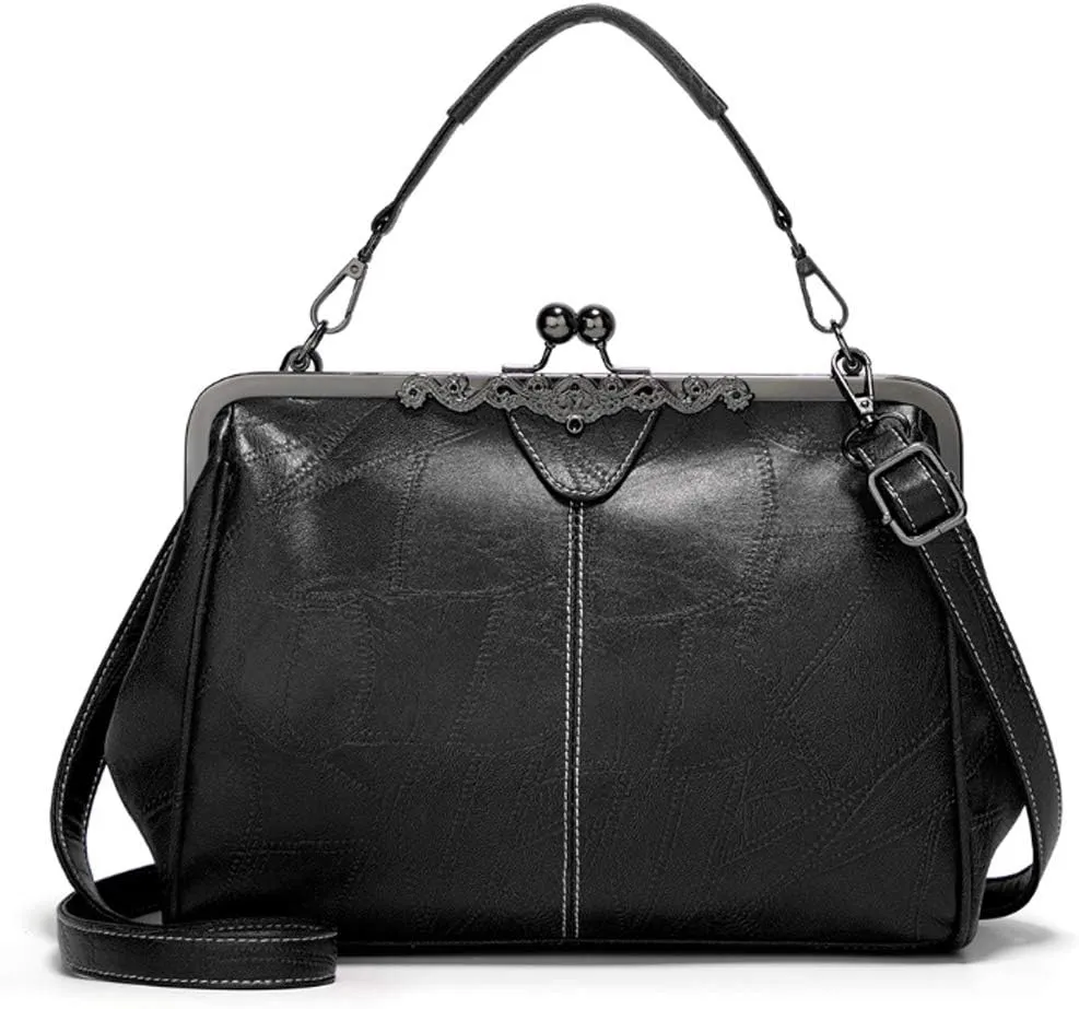 Women Retro Kiss Lock Handbag Purse Oil Wax PU Small Tote Satchels Shoulder Crossbody Bag