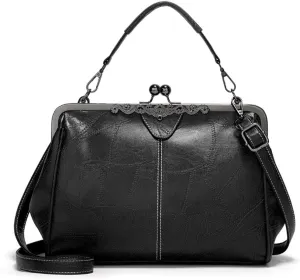 Women Retro Kiss Lock Handbag Purse Oil Wax PU Small Tote Satchels Shoulder Crossbody Bag