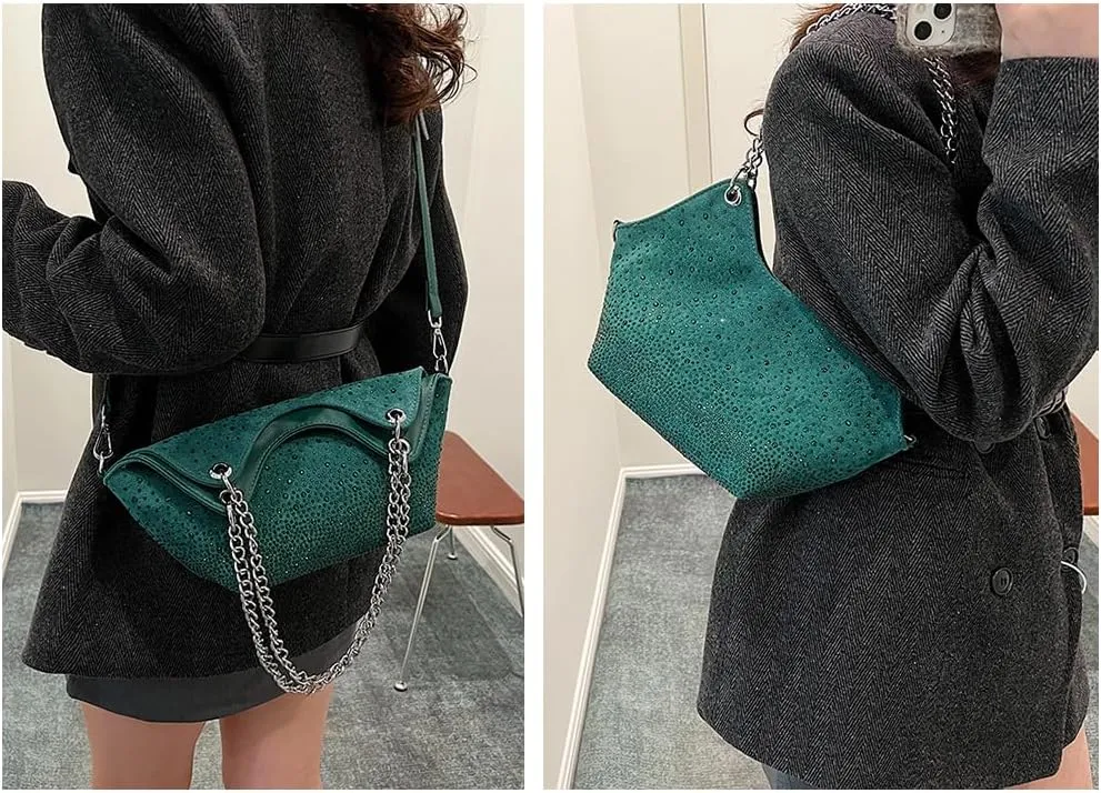 Women Rhinestone Crossbody Bags Evening Purses Sparkly Faux Suede Small Shoulder Handbags for Party Wedding Prom