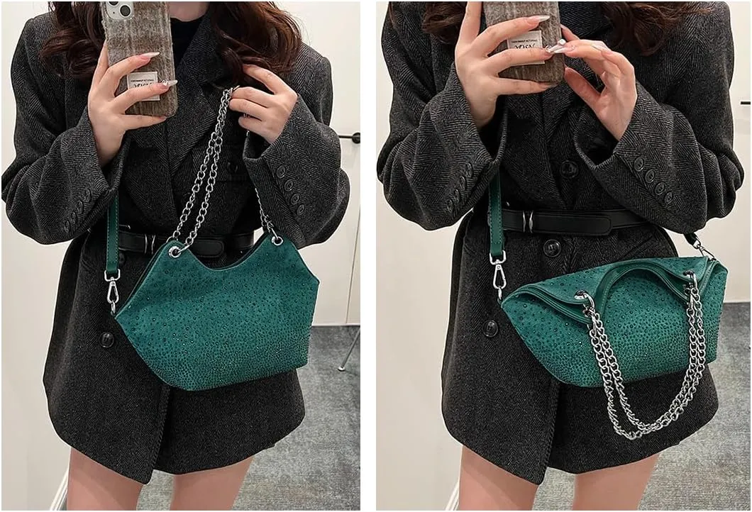 Women Rhinestone Crossbody Bags Evening Purses Sparkly Faux Suede Small Shoulder Handbags for Party Wedding Prom