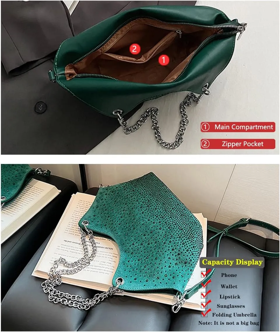 Women Rhinestone Crossbody Bags Evening Purses Sparkly Faux Suede Small Shoulder Handbags for Party Wedding Prom
