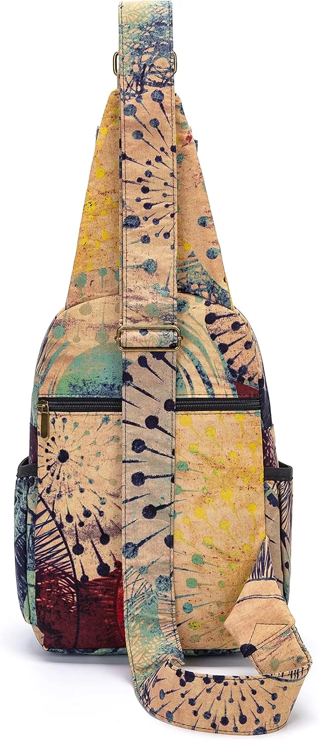 Women sling bag Elephant canvas large boho backpacks bohemian Crossbody Bag (purple yellow)