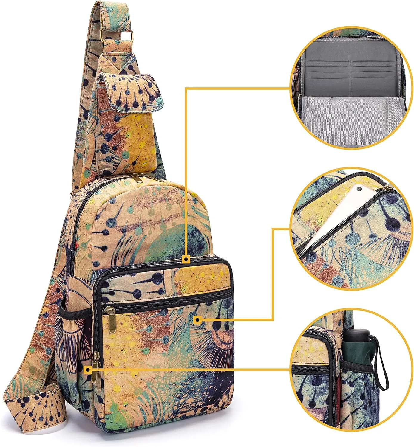 Women sling bag Elephant canvas large boho backpacks bohemian Crossbody Bag (purple yellow)
