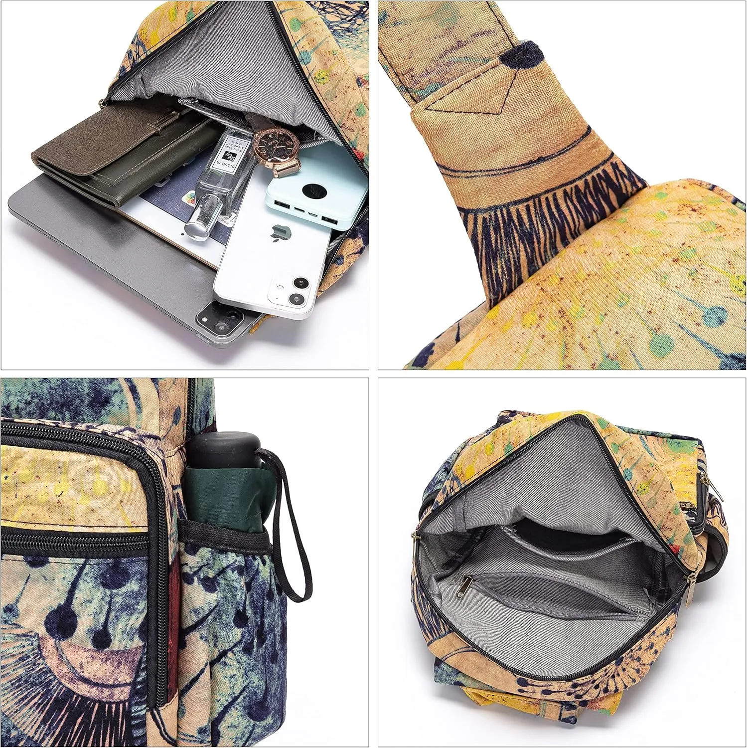 Women sling bag Elephant canvas large boho backpacks bohemian Crossbody Bag (purple yellow)
