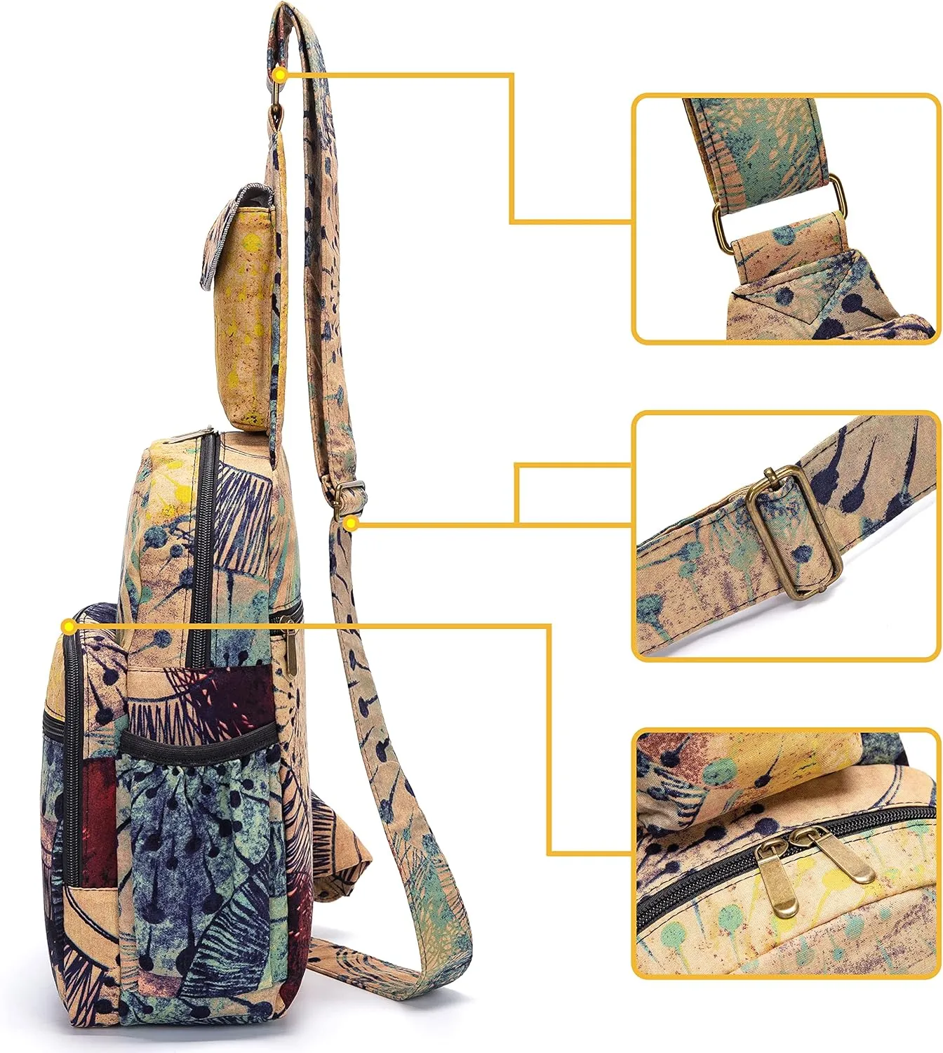 Women sling bag Elephant canvas large boho backpacks bohemian Crossbody Bag (purple yellow)