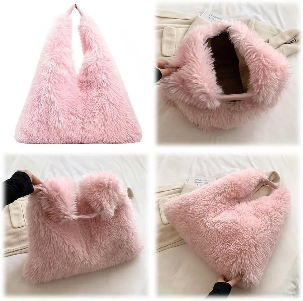 Women Soft Plush Shoulder Bag Fluffy Autumn Winter Handbag Closure Slouchy Hobo Bag Underarm Bag Shopping Trvavel B