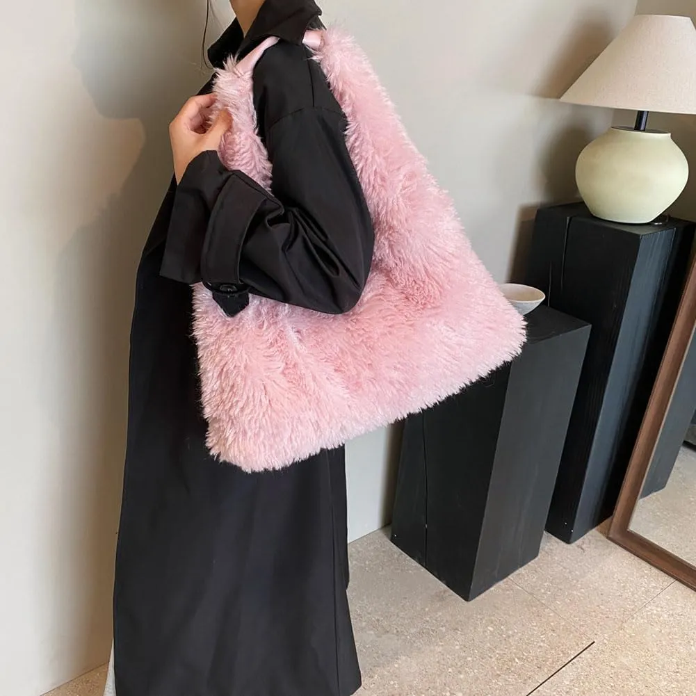 Women Soft Plush Shoulder Bag Fluffy Autumn Winter Handbag Closure Slouchy Hobo Bag Underarm Bag Shopping Trvavel B
