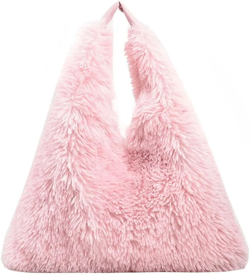 Women Soft Plush Shoulder Bag Fluffy Autumn Winter Handbag Closure Slouchy Hobo Bag Underarm Bag Shopping Trvavel B