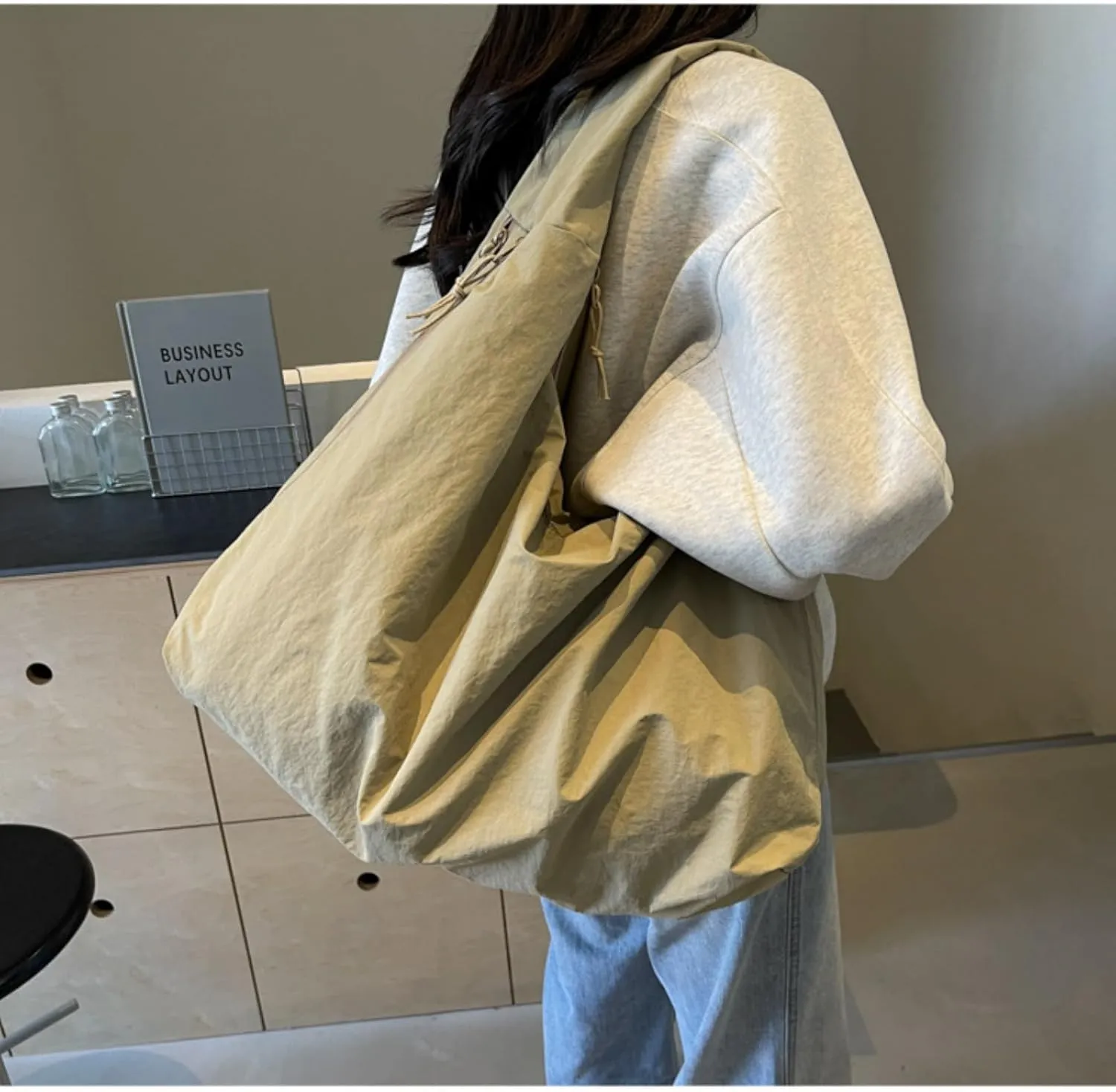 Women Solid Color Draped Tote Bag Large Capacity Nylon Shoulder Purse Versatile Slouchy Hobo Bag Travel Sport