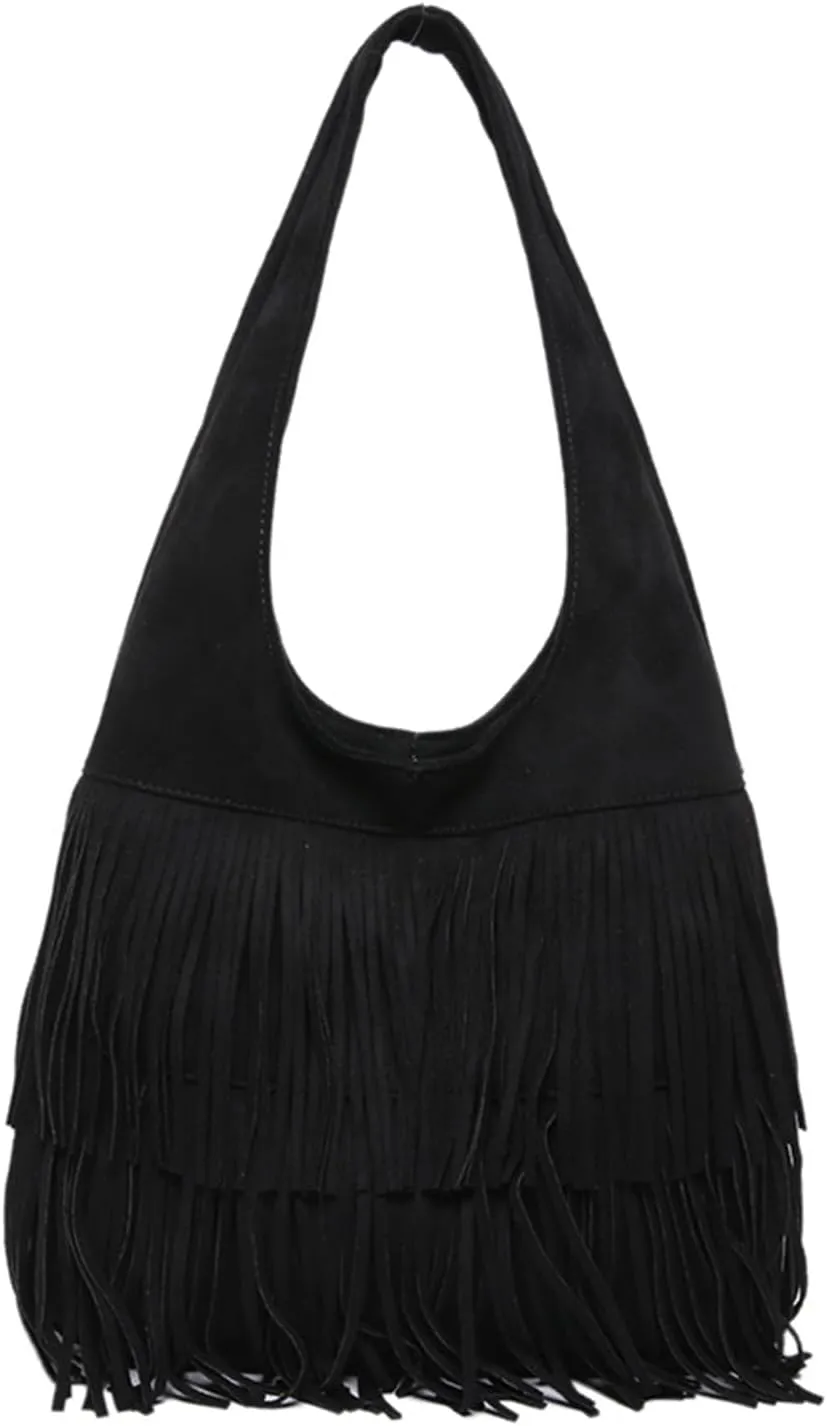 Women Suede Handbag Vintage Fringe Hobo Bag Shoulder Bag with Tassel Hippie Western Purse Large Tote Bag