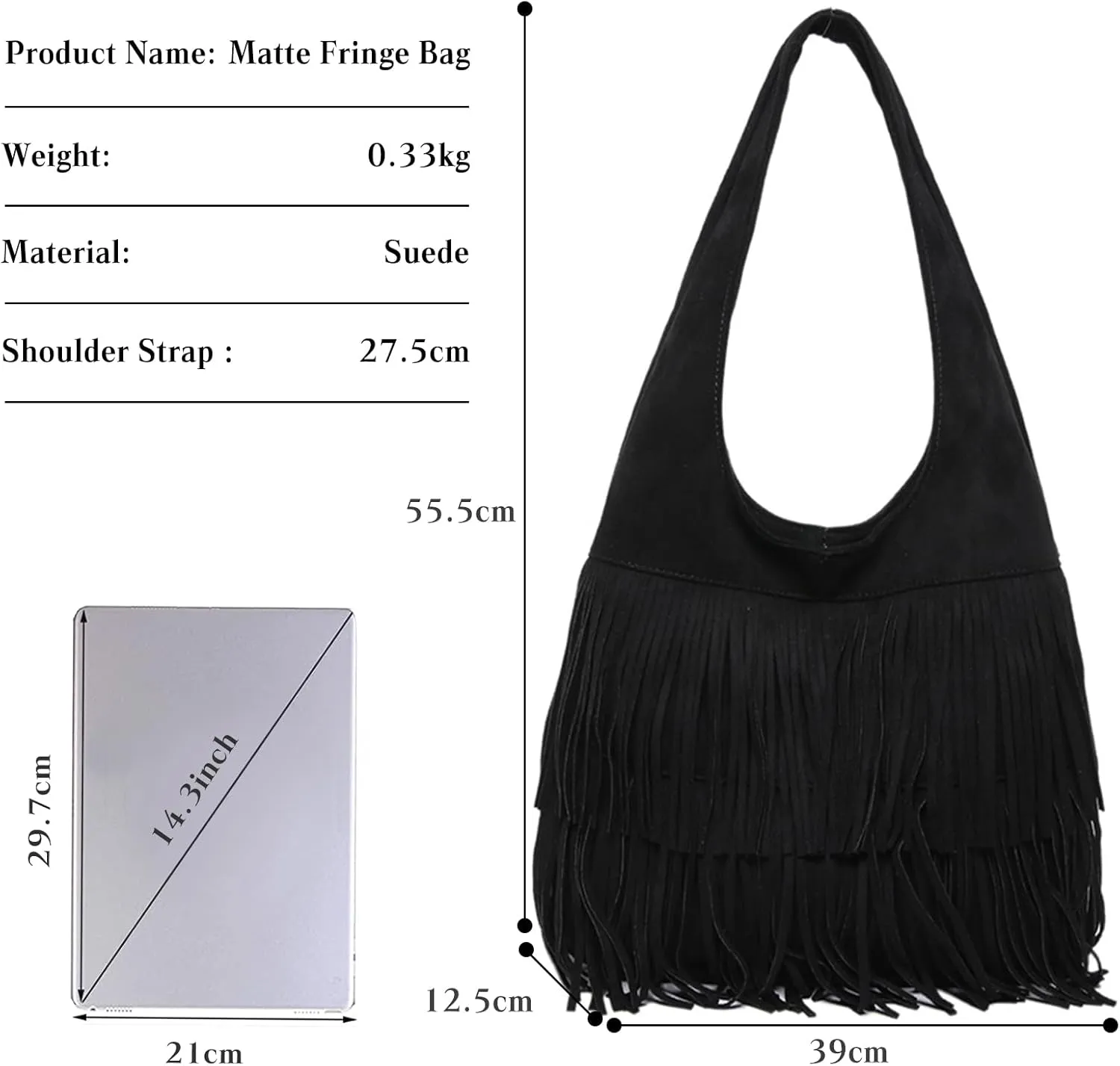 Women Suede Handbag Vintage Fringe Hobo Bag Shoulder Bag with Tassel Hippie Western Purse Large Tote Bag