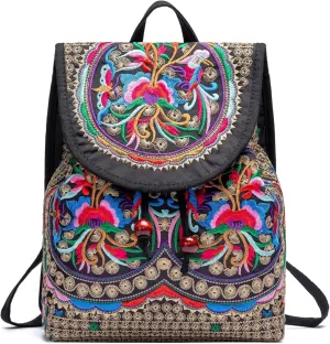 Women Vintage Embroidery Ethnic- Backpack- Flower Shoulder Bag Purse,Fashion Handbag Small Drawstring Casual Travel Daypack