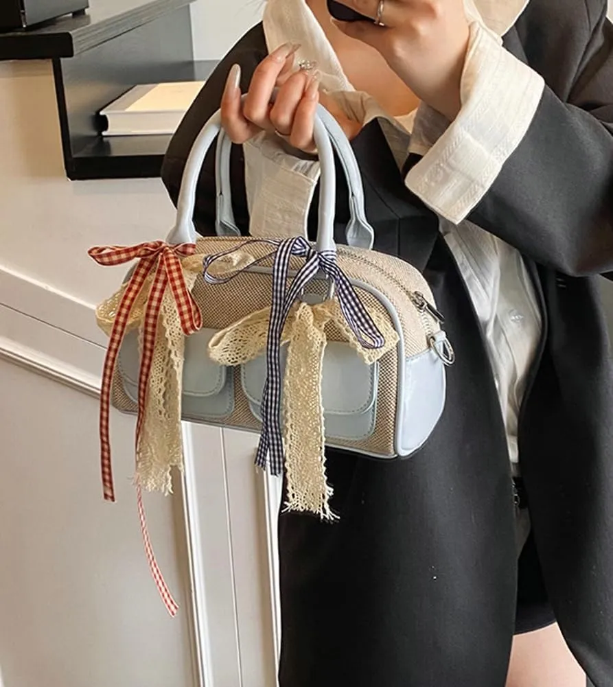 Women Woven Bag Bow Purse Y2k Ballet Hobo Purse Vintage Crossbody Bags Boston Handbags Trendy Satchel Sling Bag 2025 Fashion