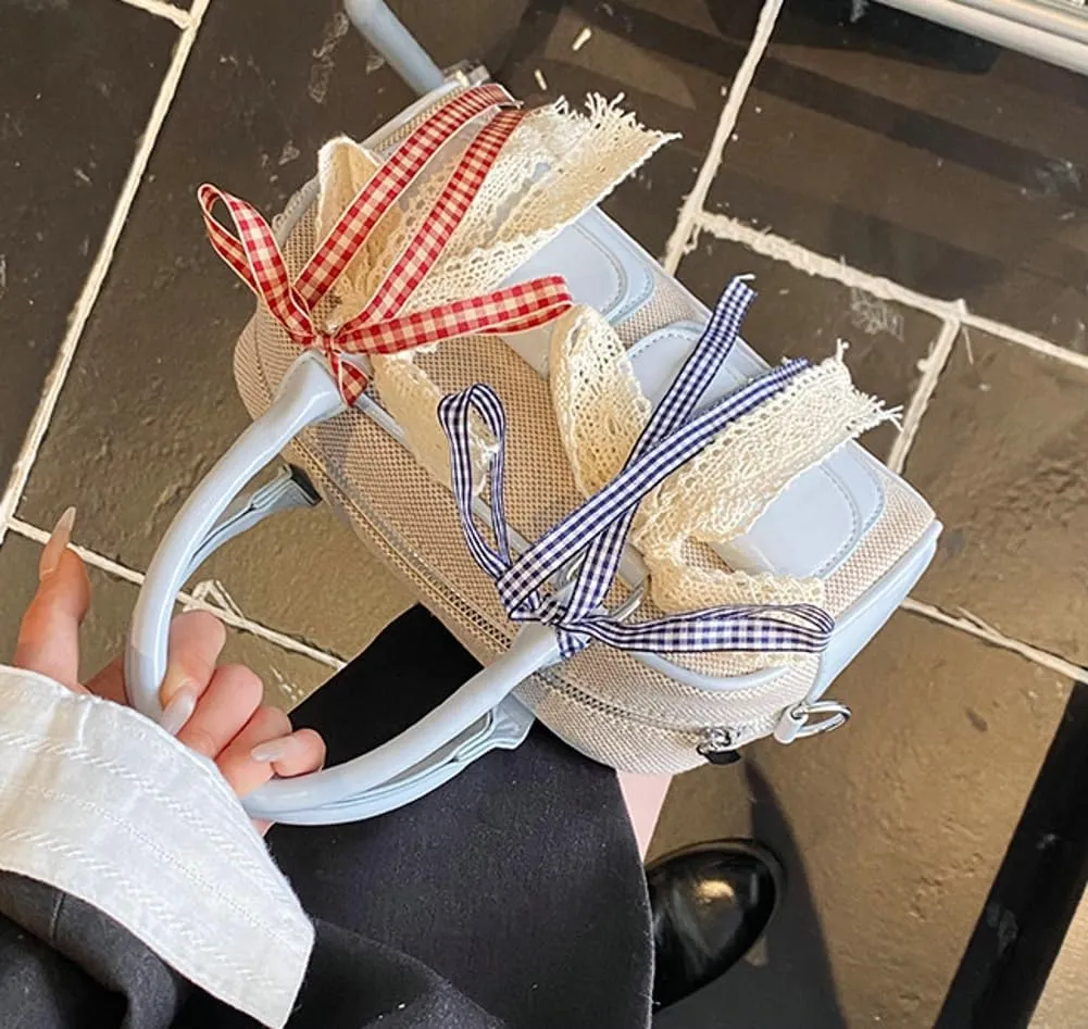 Women Woven Bag Bow Purse Y2k Ballet Hobo Purse Vintage Crossbody Bags Boston Handbags Trendy Satchel Sling Bag 2025 Fashion