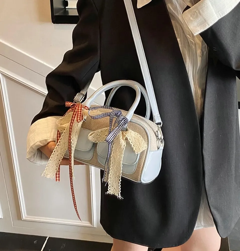 Women Woven Bag Bow Purse Y2k Ballet Hobo Purse Vintage Crossbody Bags Boston Handbags Trendy Satchel Sling Bag 2025 Fashion