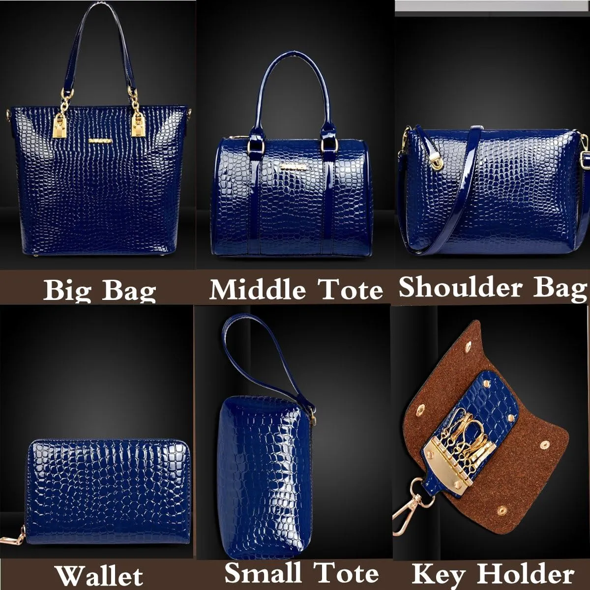 Womens 6 Pcs Handbag Set Clutch Top Handle Totes Satchels Crossbody Bag Wallet