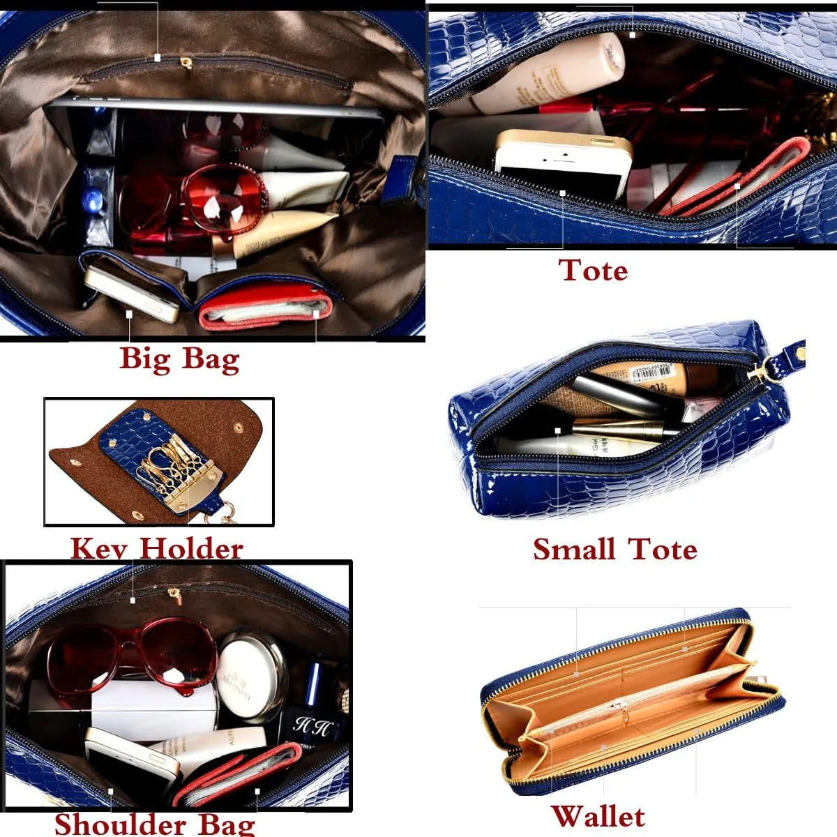 Womens 6 Pcs Handbag Set Clutch Top Handle Totes Satchels Crossbody Bag Wallet