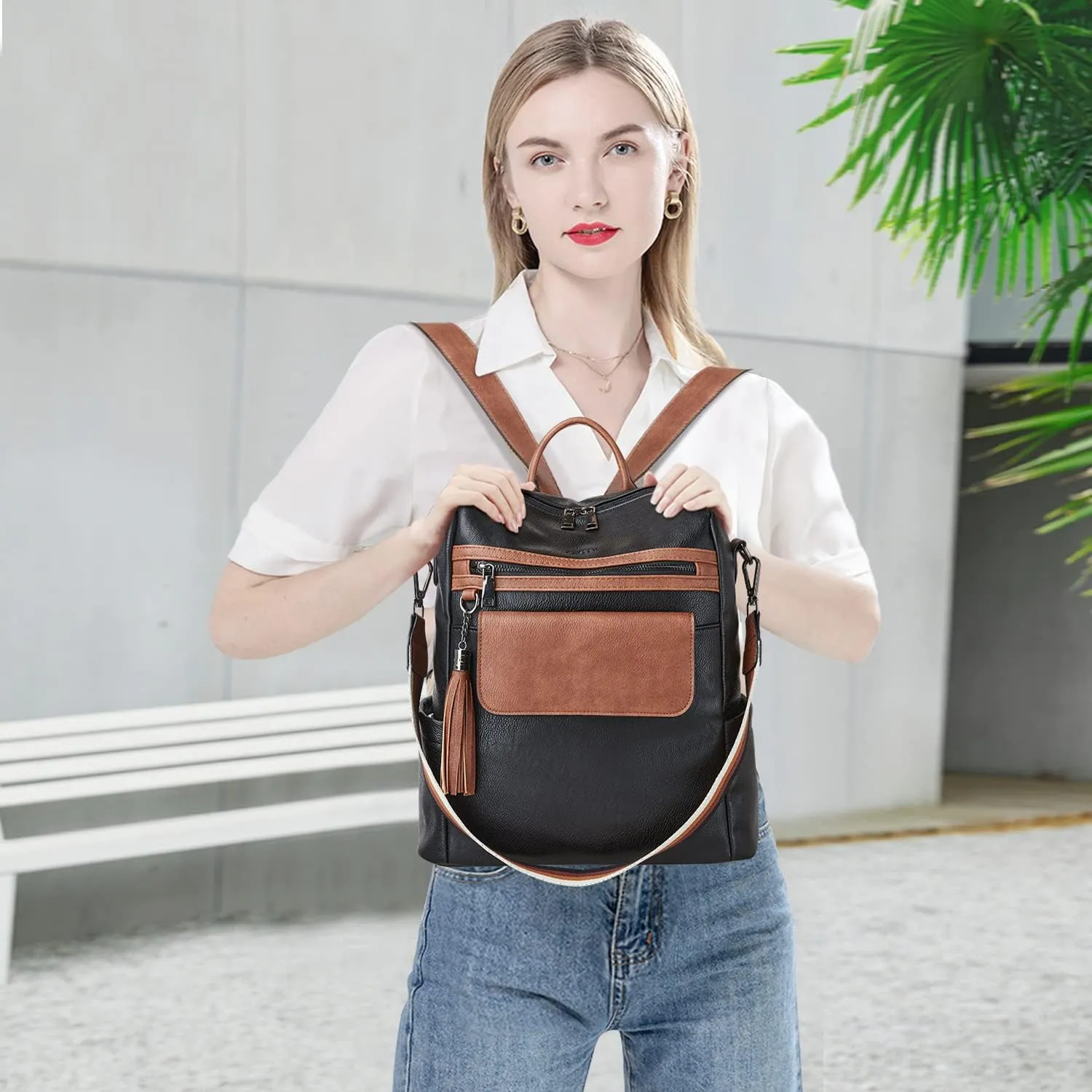 Womens Backpack Purse Leather: Fashion Convertible Ladies Shoulder Bag Travel Women Backpack Purse with Wristlet
