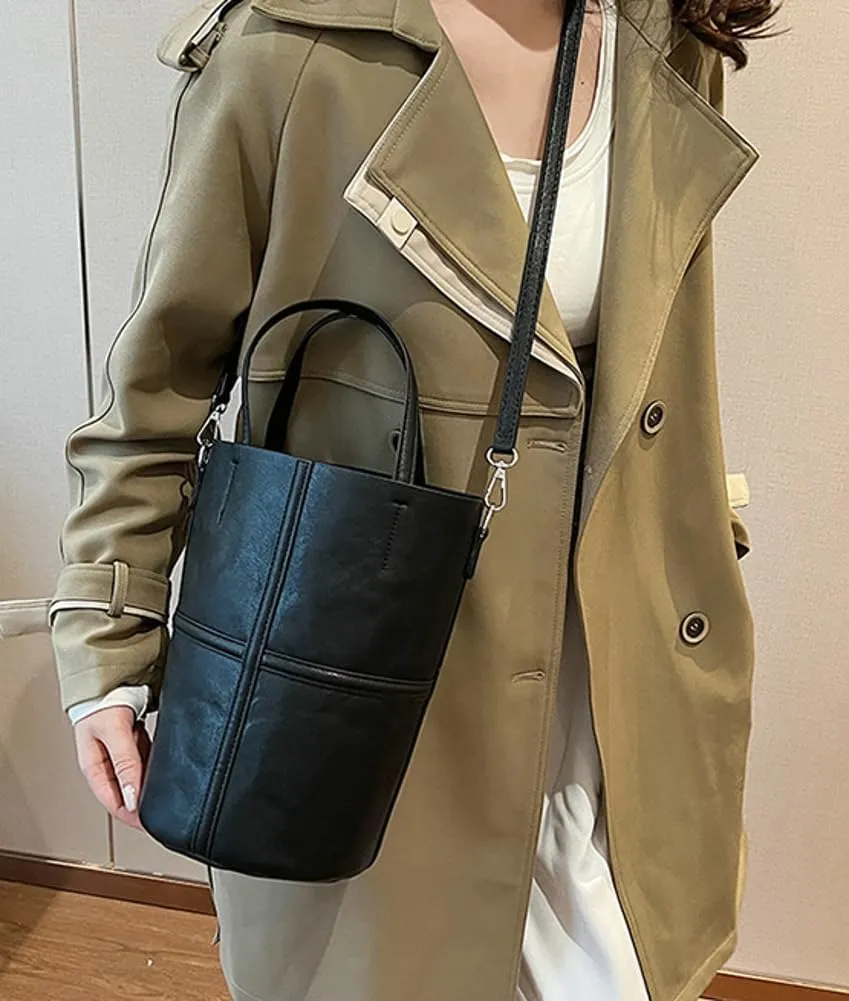 Womens Bucket Tote Bag Vegan Leather Shoulder Crossbody Purse Large Handbag Casual Satchel with Drawstring Pouch