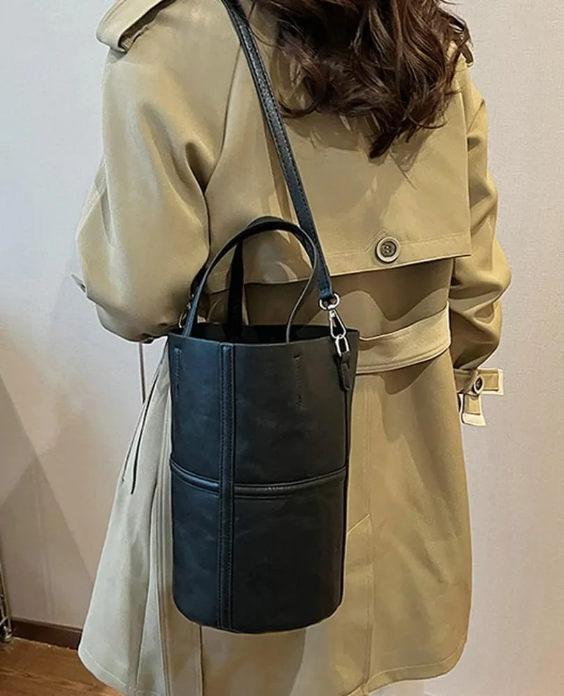 Womens Bucket Tote Bag Vegan Leather Shoulder Crossbody Purse Large Handbag Casual Satchel with Drawstring Pouch