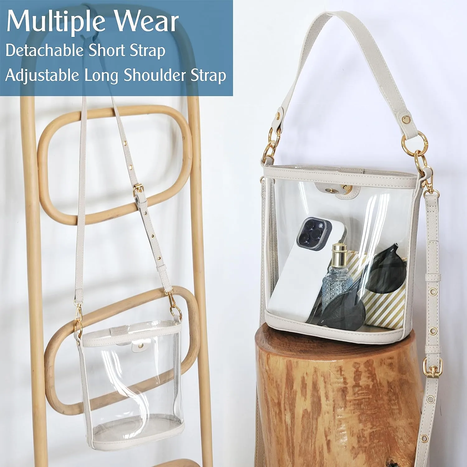 Women's Clear PVC Bucket Top Handle Crossbody Bag With Vegan Leather Trim Transparent Shoulder Handbag