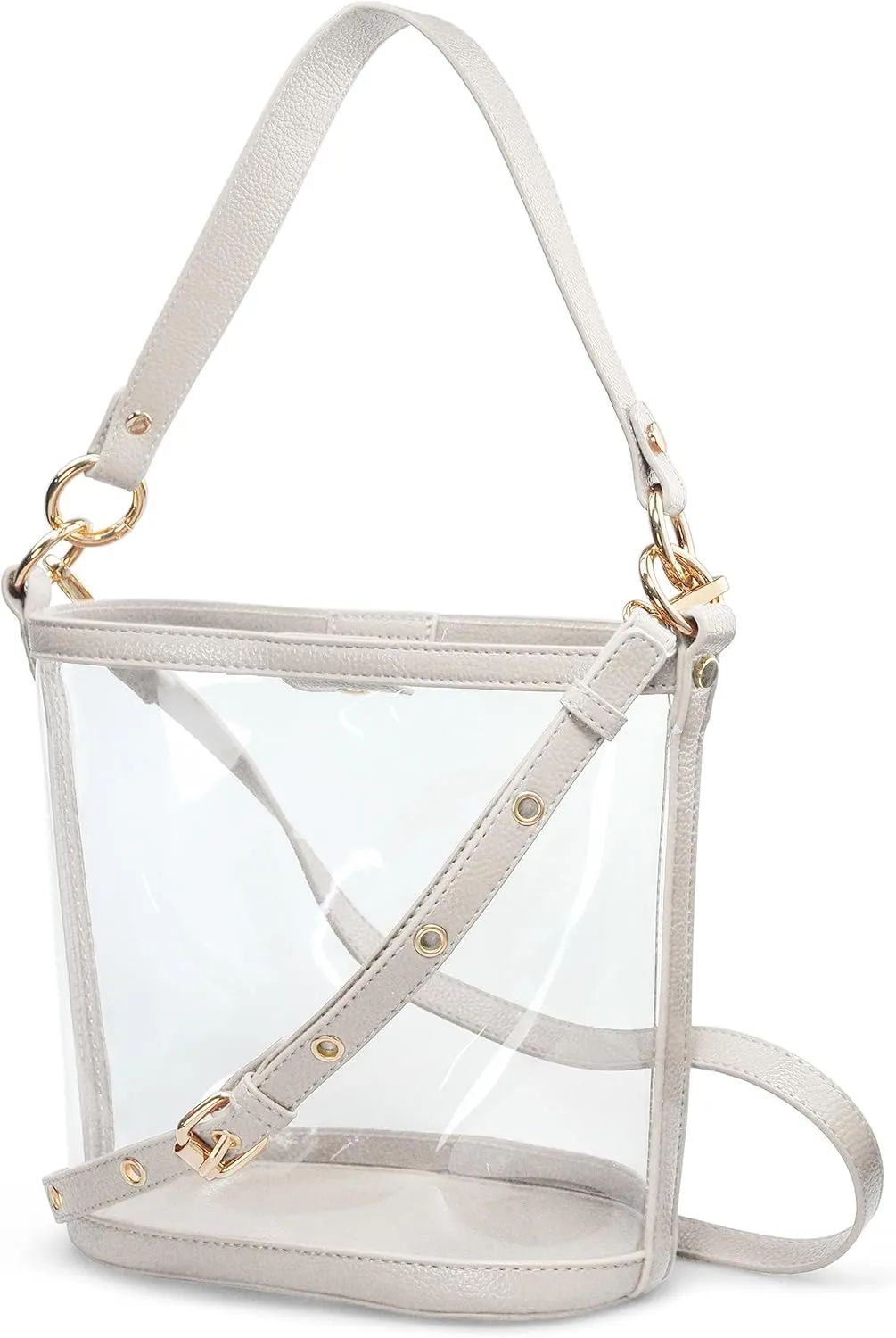 Women's Clear PVC Bucket Top Handle Crossbody Bag With Vegan Leather Trim Transparent Shoulder Handbag