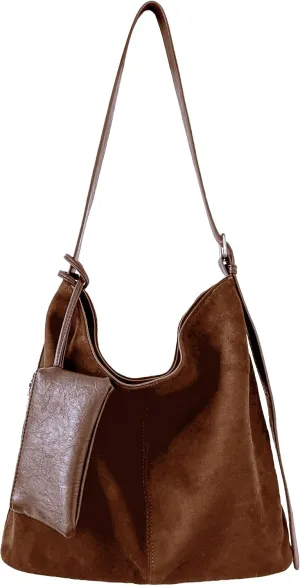 Women's Faux Suede & PU Leather Lightweight Shoulder Bag with Purse Top Handle Slouchy Bucket Tote