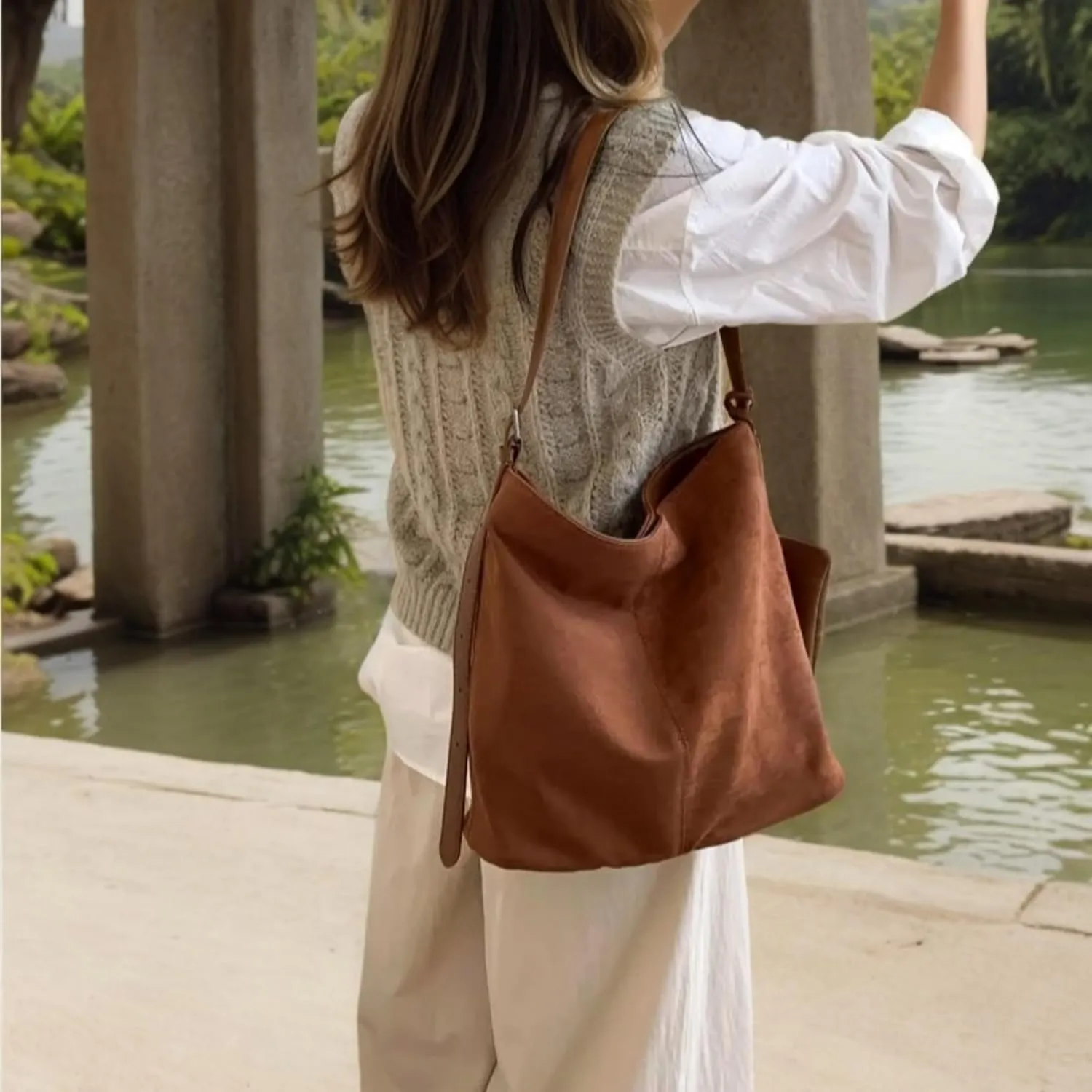 Women's Faux Suede & PU Leather Lightweight Shoulder Bag with Purse Top Handle Slouchy Bucket Tote