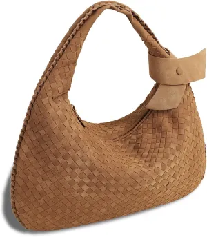 Women's Faux Suede Bag, Woven Bag, Shoulder Bag Slouchy Hobo, Suede Handbag with Zipper Closure