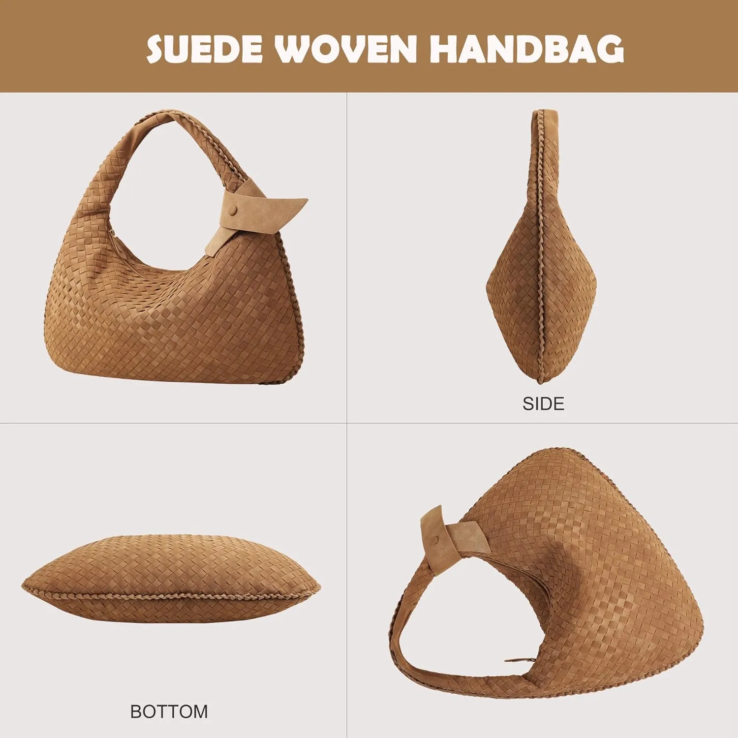 Women's Faux Suede Bag, Woven Bag, Shoulder Bag Slouchy Hobo, Suede Handbag with Zipper Closure