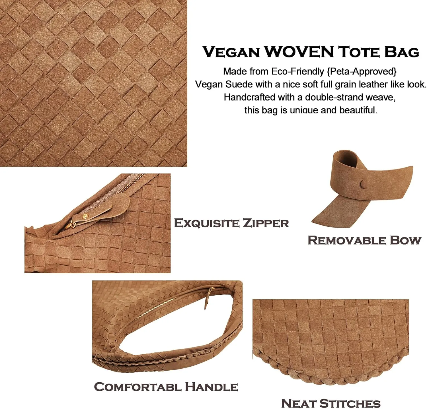 Women's Faux Suede Bag, Woven Bag, Shoulder Bag Slouchy Hobo, Suede Handbag with Zipper Closure