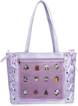 Womens Girls Tote Ita Bag Bowknot Silk Ribbon Shoulder Bag Kawaii Purses and Handbags with Pin Display