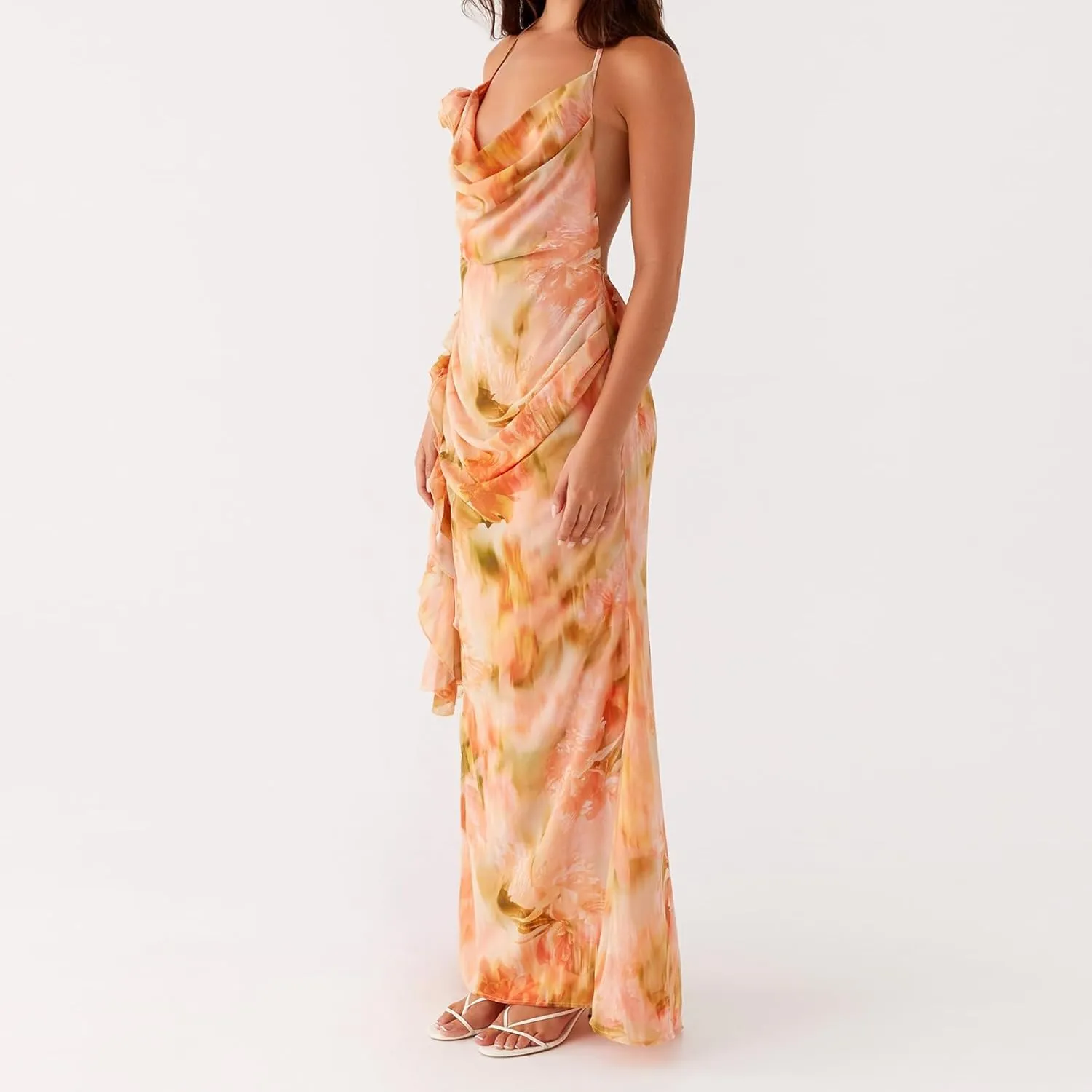 Womens Halter Floral Maxi Dress Spaghetti Strap Backless Bodycon Long Dresses Y2k Formal Cocktail Going Out