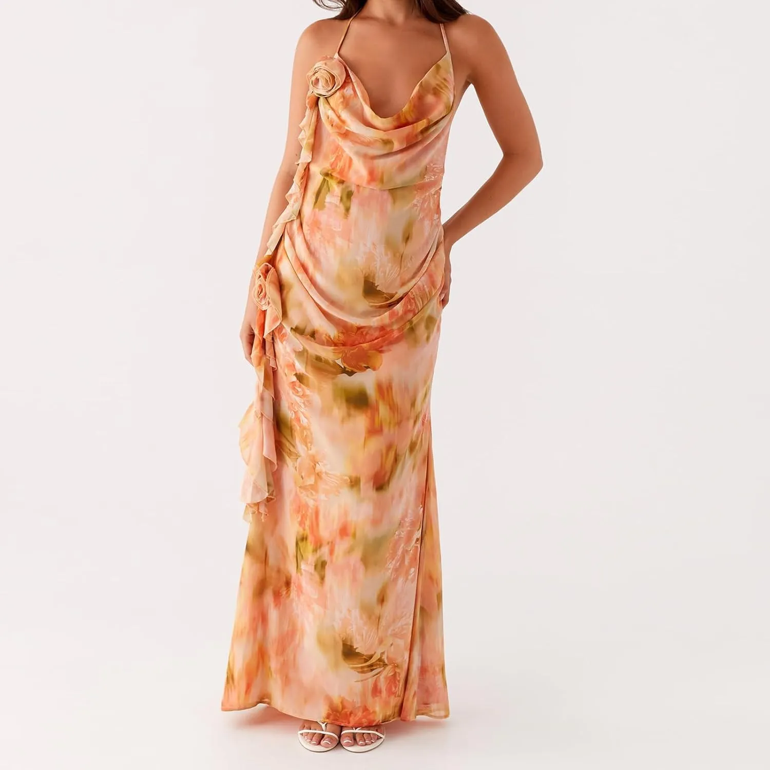 Womens Halter Floral Maxi Dress Spaghetti Strap Backless Bodycon Long Dresses Y2k Formal Cocktail Going Out