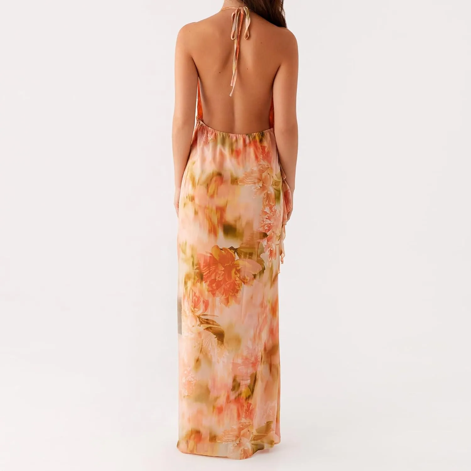 Womens Halter Floral Maxi Dress Spaghetti Strap Backless Bodycon Long Dresses Y2k Formal Cocktail Going Out