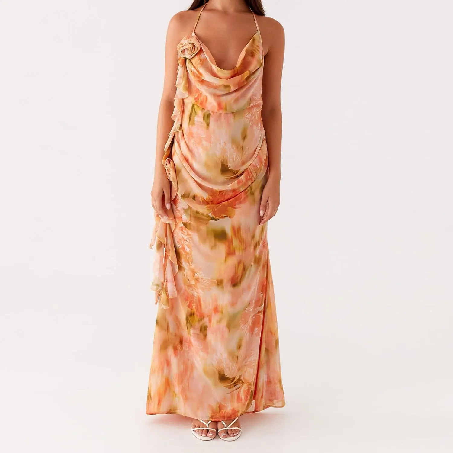 Womens Halter Floral Maxi Dress Spaghetti Strap Backless Bodycon Long Dresses Y2k Formal Cocktail Going Out