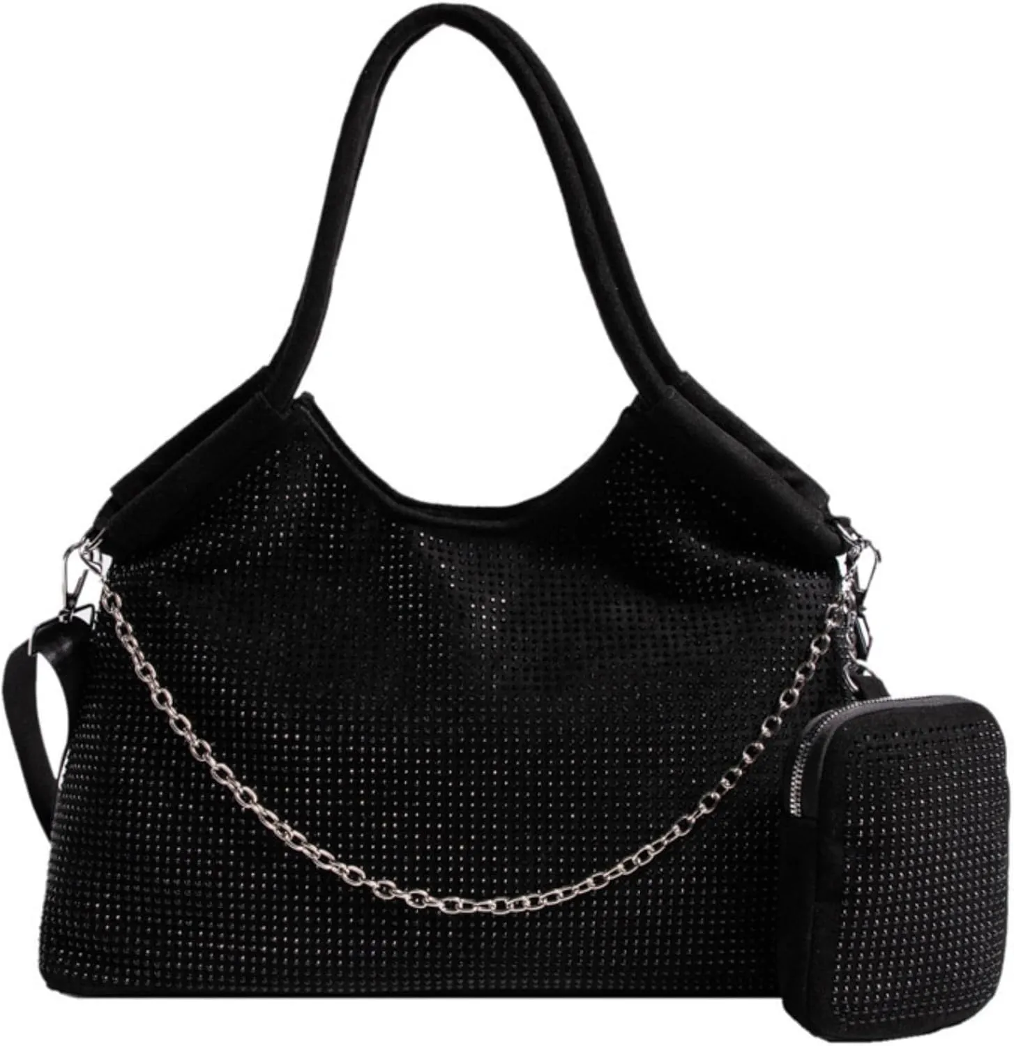 Womens Rhinestone Tote Shoulder Handbag Casual Punk Hobo Bag Convertible Crossbody Satchel Bag with Wallet Pouch