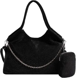 Womens Rhinestone Tote Shoulder Handbag Casual Punk Hobo Bag Convertible Crossbody Satchel Bag with Wallet Pouch