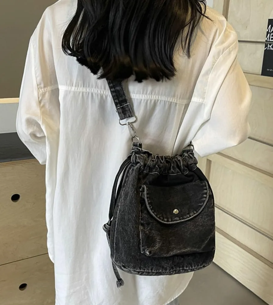Womens Small Denim Shoulder Crossbody Bag Canvas Bucket Tote Bag Drawstring Lightweight Phone Purse Handbags