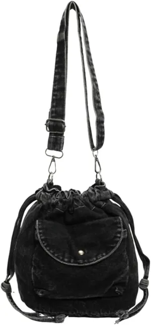 Womens Small Denim Shoulder Crossbody Bag Canvas Bucket Tote Bag Drawstring Lightweight Phone Purse Handbags